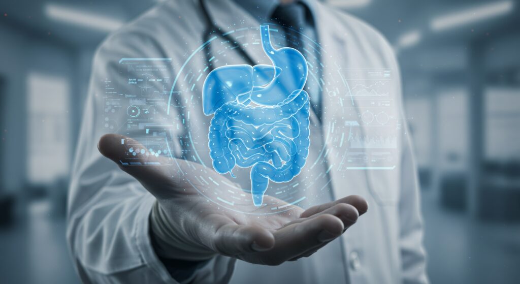 Man offering digital representation of human digestive system. Holographic gut science and medical diagnostics technology to promote healthy bowel concept. AdobeStock 1315463697
