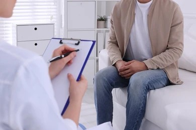 A cropped shot of a man talking to a doctor about men's sexual health